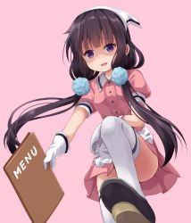 Rule 34 | 1girl, :d, apron, black hair, blend s, frilled apron, frills, from below, gloves, hair ornament, head scarf, long hair, looking at viewer, low twintails, menu, open mouth, pink background, pink shirt, pink skirt, puffy short sleeves, puffy sleeves, purple eyes, ruu (tksymkw), sakuranomiya maika, shaded face, shirt, short sleeves, simple background, skirt, smile, solo, stile uniform, thighhighs, twintails, very long hair, waist apron, waitress, white apron, white gloves, white thighhighs