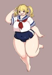 Rule 34 | 1girl, blonde hair, blush, breasts, brown eyes, covered navel, fat, headphones, kjmvideo, large breasts, looking at viewer, nitroplus, open mouth, plump, running, smile, solo, super pochaco, thick thighs, thighs, twintails, wide hips