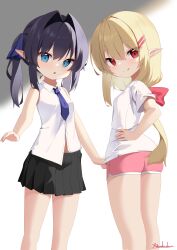 Rule 34 | 2girls, :p, absurdres, ass, baum (kfxh3544), black hair, black skirt, blonde hair, blue eyes, blue necktie, brown eyes, elf, hair intakes, hair ornament, hairclip, hand on own hip, highres, long hair, looking at viewer, looking back, miniskirt, multiple girls, necktie, original, pink shorts, pleated skirt, pointy ears, ponytail, ribbon, shirt, short shorts, short sleeves, shorts, skirt, sleeveless, sleeveless shirt, smile, thighs, tongue, tongue out, white shirt