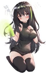 Rule 34 | 1girl, aran sweater, black hair, blush, breasts, cable knit, girls&#039; frontline, highres, long hair, m4a1 (girls&#039; frontline), seiza, shorts, sitting, solo, spray can, spraying, sweater, tandohark, thighhighs