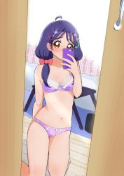 Rule 34 | 1girl, ahoge, arm behind back, blush, boh stick, bra, breasts, brown eyes, cellphone, closed mouth, collarbone, embarrassed, hair ornament, hair over shoulder, hairclip, highres, holding, holding phone, kneeling, long hair, low twintails, panties, phone, precure, print bra, print panties, purple bra, purple hair, purple panties, selfie, shiny skin, small breasts, smartphone, smile, solo, suzumura sango, tropical-rouge! precure, twintails, underwear, underwear only, white legwear, x hair ornament