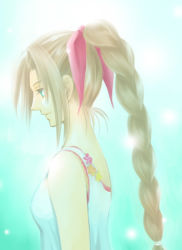 Rule 34 | 1990s (style), 1girl, aerith gainsborough, beshiexe, bow, braid, brown hair, crisis core final fantasy vii, female focus, final fantasy, final fantasy vii, gradient background, green eyes, hair bow, long hair, retro artstyle, ribbon, smile, solo