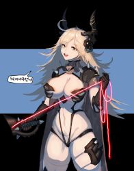 Rule 34 | 1girl, absurdres, alrac gomchi, armor, bad id, bad pixiv id, bikini armor, blonde hair, breasts, energy whip, faucre the evil overlord, gauntlets, headgear, highres, holding, holding whip, korean text, large breasts, last origin, long hair, looking at viewer, navel, pauldrons, shoulder armor, shoulder spikes, smile, solo, spikes, yellow eyes