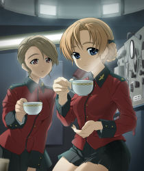 Rule 34 | 2girls, :o, black bow, black skirt, blue eyes, bow, braid, brown hair, closed mouth, commentary, cup, epaulettes, girls und panzer, hair bow, highres, holding, holding cup, insignia, jacket, leaning forward, long sleeves, looking at viewer, military, military uniform, miniskirt, multiple girls, orange hair, orange pekoe (girls und panzer), original, parted bangs, parted lips, pleated skirt, red eyes, red jacket, saitou gabio, short hair, sitting, skirt, st. gloriana&#039;s military uniform, steam, swept bangs, tank interior, teacup, uniform