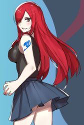 Rule 34 | 1girl, bare arms, bare shoulders, breasts, brown eyes, emblem, erza scarlet, fairy tail, large breasts, long hair, red hair, ryairyai, skirt, smile, solo, tattoo