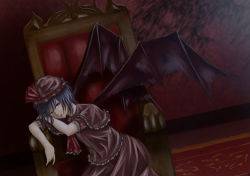 Rule 34 | 1girl, :o, armchair, ascot, bad id, bad pixiv id, bat wings, brooch, capelet, carpet, chair, dress, frills, hall, hat, hat ribbon, highres, jewelry, looking at viewer, mob cap, open mouth, purple dress, purple hair, red carpet, red eyes, remilia scarlet, ribbon, ribbon-trimmed headwear, ribbon trim, sakkun2014, short sleeves, skirt, solo, touhou, wings