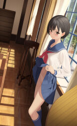 Rule 34 | 1girl, absurdres, black eyes, black hair, blue sailor collar, blue socks, blush, chest of drawers, clothes lift, commentary request, curtains, embarrassed, highres, indoors, kneehighs, legs, lifting own clothes, long sleeves, mottsun (i 40y), navel, neckerchief, original, panties, pleated skirt, red neckerchief, sailor collar, school uniform, serafuku, short hair, skirt, skirt lift, socks, solo, standing, underwear, uniform, white panties, window