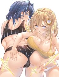 Rule 34 | 2girls, absurdres, ass, ass grab, blonde hair, blue eyes, blue hair, blush, bow, bow earrings, breasts, buruma, butt crack, cameltoe, cleavage, cowboy shot, crop top, earrings, gluteal fold, hair intakes, hair ornament, highres, hololive, hololive english, honkivampy, huge ass, huge breasts, jewelry, looking at viewer, looking back, mole, mole on breast, multicolored hair, multiple girls, mustache print, ouro kronii, panties, parted lips, shirt, short hair, thick thighs, thighs, underwear, virtual youtuber, watson amelia, white background, white panties