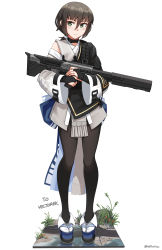Rule 34 | 1girl, absurdres, black hair, black kimono, black pantyhose, blue footwear, borrowed character, bridal gauntlets, closed mouth, commentary request, facial mark, flower, full body, green eyes, grey kimono, gun, hair between eyes, highres, holding, holding gun, holding weapon, japanese clothes, kimono, long sleeves, looking at viewer, low ponytail, ndtwofives, original, pantyhose, platform footwear, ponytail, red flower, simple background, solo, tabi, twitter username, weapon, weapon request, white background, white pantyhose, wide sleeves