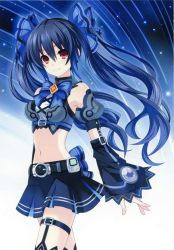 Rule 34 | 1girl, armpits, bare shoulders, belt, black hair, blue background, blue bow, bow, breasts, crop top, detached sleeves, facing viewer, imai asami, long hair, looking at viewer, medium breasts, midriff, miniskirt, navel, neptune (series), noire (neptunia), official art, pleated skirt, red eyes, ribbon, skinny, skirt, small breasts, smile, solo, sports bra, thighs, tsunako, tsundere, twintails, vest, wide sleeves