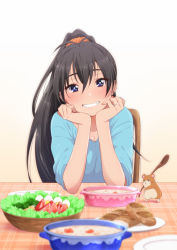 Rule 34 | 1girl, black hair, blue eyes, blue shirt, blurry, blurry foreground, blush, breasts, cleavage, food, ganaha hibiki, grin, hair between eyes, head rest, high ponytail, holding, holding spoon, idolmaster, idolmaster (classic), james (jms-pnt), long hair, looking at viewer, medium breasts, shirt, simple background, sitting, smile, solo, spoon, very long hair, white background