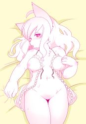 Rule 34 | 1girl, bottomless, breasts, cat, furry, furry female, gut (orange=rythm), long hair, lying, monochrome, nipples, on back, open clothes, pink eyes, solo, white hair