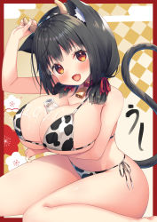 Rule 34 | 1girl, 2021, :d, absurdres, animal ears, animal print, arm under breasts, asa no ha (awayuki), belt collar, between breasts, bikini, black hair, blush, body writing, bottle, breast lift, breasts, cat ears, cat girl, cat tail, chinese zodiac, cleavage, collar, cow print, cow print bikini, cowbell, fake horns, fang, feet out of frame, hairband, happy new year, highres, horns, huge breasts, looking at viewer, medium hair, micro bikini, milk, milk bottle, new year, open mouth, orange eyes, original, outside border, print bikini, red neckwear, red ribbon, ribbon, short twintails, sitting, smile, solo, spill, string bikini, swimsuit, tail, thighs, twintails, wariza, year of the ox