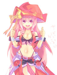 Rule 34 | 1girl, bikini, breasts, cleavage, front-tie top, hat, highres, large breasts, long hair, looking at viewer, mamuru, navel, open mouth, original, pink eyes, pink hair, shiny skin, simple background, smile, solo, swimsuit, thong, thumbs up, translation request, very long hair, whale tail (clothing), white background