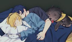 Rule 34 | 1boy, 1girl, aegis (persona), alternate costume, android, animalization, bed sheet, black hairband, blonde hair, blue hair, blue pajamas, blush, brown dog, closed eyes, commentary request, dog, elulit2, hairband, holding hands, korean commentary, lying, mochizuki ryouji, pajamas, persona, persona 3, pillow, robot ears, scarf, short hair, sleeping, tongue, tongue out, yellow scarf, yuuki makoto (persona 3)