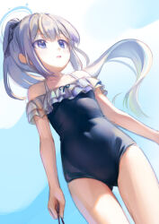 Rule 34 | 1girl, bare arms, bare shoulders, blue archive, blue halo, blue one-piece swimsuit, blush, bow, breasts, casual one-piece swimsuit, collarbone, covered navel, cowboy shot, dutch angle, frilled one-piece swimsuit, frills, hair bow, halo, kawaseki, long hair, miyako (blue archive), miyako (swimsuit) (blue archive), off-shoulder one-piece swimsuit, off shoulder, official alternate costume, one-piece swimsuit, parted lips, ponytail, sidelocks, simple background, small breasts, smile, solo, standing, swimsuit, two-tone one-piece swimsuit, very long hair