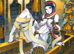 Rule 34 | 1girl, abs, ancient egypt, ankh, ass, bad id, bad pixiv id, barefoot, blue skin, bob cut, breasts, colored skin, egyptian, egyptian clothes, f.s., feet, gluteal fold, gold, indoors, jewelry, large breasts, looking at viewer, monster, monster collection, monster girl, muscular, muscular female, pasties, purple eyes, revealing clothes, short hair, solo, statue, thick thighs, thigh strap, thighs, toes