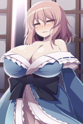 Rule 34 | 1girl, blush, breasts, cleavage, commentary request, gero zoukin, highres, huge breasts, japanese clothes, looking to the side, medium hair, no headwear, no panties, off shoulder, open mouth, pink hair, red eyes, ribbon, saigyouji yuyuko, sliding doors, smile, solo, touhou