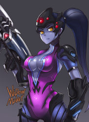 Rule 34 | 1girl, armor, black gloves, blue hair, bodysuit, breasts, center opening, character name, cleavage, colored skin, cowboy shot, earrings, faulds, finger on trigger, gauntlets, gloves, gradient background, grey background, grey skin, gun, head-mounted display, high ponytail, highres, holding, holding weapon, jewelry, large breasts, lataedelan, long hair, looking at viewer, overwatch, overwatch 1, pauldrons, ponytail, purple hair, purple skirt, rifle, serious, shoulder armor, signature, skirt, solo, thigh strap, vambraces, very long hair, visor, weapon, widowmaker (overwatch), yellow eyes