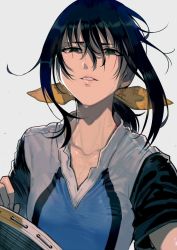 Rule 34 | 10s, 1girl, badminton racket, black hair, brown eyes, collarbone, commentary request, disgust, hair between eyes, hair ribbon, hanebado!, hanesaki ayano, long hair, long sleeves, looking at viewer, low ponytail, parted lips, ponytail, racket, ribbon, simple background, solo, sweat, tennis racket, walzrj, wet, wet clothes, white background