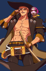 Rule 34 | 1boy, abs, animal ears, belt, black hat, black jacket, blonde hair, blue background, brown gloves, cabbie hat, cat, cat ears, cat girl, collarbone, cowboy hat, fingerless gloves, gloves, guilty gear, guilty gear strive, hat, highres, jacket, janis (guilty gear), johnny (guilty gear), kitsune23star, large pectorals, male focus, muscular, muscular male, pants, pectorals, pirate, skull and crossbones, solo, sunglasses, teeth, upper teeth only