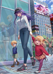 Rule 34 | 2boys, 2girls, :d, absurdres, baseball cap, billboard, blonde hair, blue sky, brother and sister, building, child, cloud, day, denim, different reflection, hat, highres, holding hands, hoshino ai (oshi no ko), hoshino aquamarine, hoshino ruby, jeans, mother and daughter, mother and son, multiple boys, multiple girls, open mouth, oshi no ko, outdoors, pants, people, purple eyes, purple hair, red eyes, reflection, school swimsuit, shoes, siblings, sign, silvertsuki, sky, smile, sneakers, star-shaped pupils, star (symbol), swimsuit, symbol-shaped pupils