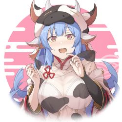Rule 34 | 1girl, animal ears, animal print, bare shoulders, bikini, blue hair, blush, breasts, catura (granblue fantasy), cleavage, cow ears, cow girl, cow hat, cow horns, cow print, draph, ear piercing, egasumi, granblue fantasy, hinami (hinatamizu), horns, large breasts, long hair, looking at viewer, open mouth, piercing, see-through, solo, swimsuit, white bikini, wide sleeves, yellow eyes