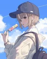 Rule 34 | 1girl, :p, absurdres, arm at side, backpack, bag, baseball cap, blue hat, blue sky, blush, bracelet, brown eyes, cloud, cloudy sky, contrail, day, ear piercing, earclip, earrings, ene mizunoawa, food, from side, green nails, hand up, hat, highres, holding, holding food, holding ice cream, hood, hood down, hooded jacket, ice cream, ice cream bar, jacket, jewelry, long bangs, long sleeves, nail polish, nijisanji, open mouth, outdoors, parted lips, piercing, raised eyebrows, shirt, short hair, sidelocks, sister claire, sky, sleeve cuffs, solo, stud earrings, tongue, tongue out, upper body, virtual youtuber, white jacket, white shirt