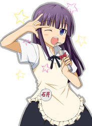 Rule 34 | 1girl, \m/, apron, bad id, bad pixiv id, badge, blue eyes, blush stickers, bow, hime cut, long hair, nma, one eye closed, open mouth, purple hair, ribbon, solo, standing, star (symbol), tsurime, waitress, whisk, wink, working!!, yamada aoi