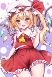 Rule 34 | 1girl, ascot, blonde hair, crystal, flandre scarlet, frilled shirt collar, frilled skirt, frills, hat, highres, mob cap, multicolored wings, one side up, red eyes, red skirt, ribbon, shirotsuki shirone, skirt, skirt set, touhou, wings