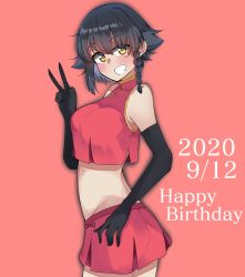 Rule 34 | 1girl, absurdres, alternate costume, black gloves, black hair, blush, braid, brown eyes, chinese clothes, commentary, cowboy shot, crop top, dated, elbow gloves, english text, from side, girls und panzer, gloves, grin, happy birthday, highres, kshimu, looking at viewer, midriff, miniskirt, pepperoni (girls und panzer), pleated skirt, red background, red shirt, red skirt, shirt, short hair, side braid, simple background, skirt, sleeveless, sleeveless shirt, smile, solo, standing, v