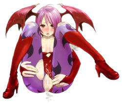 Rule 34 | 1girl, aftersex, anus, ass, bad id, bad pixiv id, bare shoulders, bat wings, blush, boots, breasts, capcom, censored, clothing aside, cum, cum in mouth, cum on body, cum on breasts, cum on upper body, demon girl, elbow gloves, facial, fingerless gloves, flat chest, gloves, head wings, high heels, legs, legs up, leotard, leotard aside, lilith aensland, nagasawa shin, nipples, open mouth, pantyhose, purple hair, pussy, red eyes, red leotard, shoes, short hair, solo, spread legs, torn clothes, torn pantyhose, vampire (game), wings