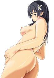 Rule 34 | 1girl, alternate breast size, ass, black hair, blue eyes, breasts, closed mouth, commentary request, feet out of frame, flower, from side, hair flower, hair ornament, highres, kaoruchan, light blush, long hair, medium breasts, nipples, nude, saten ruiko, solo, toaru kagaku no railgun, toaru majutsu no index, transparent background, white flower