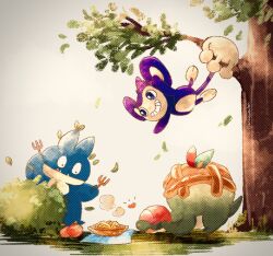 Rule 34 | :q, aipom, animal focus, apple pie, appletun, artist name, bush, closed mouth, commentary request, creatures (company), falling leaves, fangs, food, fork, game freak, gen 2 pokemon, gen 4 pokemon, gen 8 pokemon, grin, hanging from tree, highres, holding, holding fork, leaf, monkey, munchlax, nintendo, no humans, picnic, pie, pokemon, pokemon (creature), simple background, smile, teeth, tongue, tongue out, tree, twitter username, white background, zozozoshion