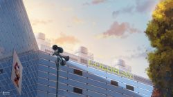 Rule 34 | artist name, blue sky, building, cityscape, cloud, commentary, english commentary, fence, gradient sky, highres, horn speaker, instagram username, isbeyvan, japan, no humans, orange sky, original, outdoors, reflection, scenery, sky, sunset, tree, water tank, watermark