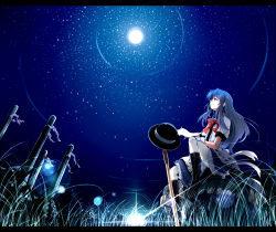 Rule 34 | 1girl, bad id, bad pixiv id, blue hair, boots, female focus, hat, hinanawi tenshi, letterboxed, long skirt, moon, nature, nejime, night, outdoors, pantyhose, sitting, skirt, sky, solo, star (symbol), sword, sword of hisou, touhou, weapon, white pantyhose