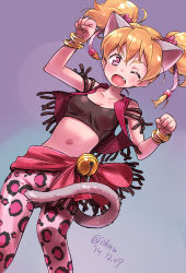 Rule 34 | 00s, 1girl, ;d, animal ears, bell, blonde hair, bracelet, breacelt, breasts, cat ears, cat tail, dated, fang, fresh precure!, highres, isedaichi ken, jewelry, kemonomimi mode, looking at viewer, midriff, momozono love, navel, one eye closed, open mouth, panther pink (precure), pantyhose, paw pose, pink eyes, precure, short hair, smile, solo, tail, twintails, twitter username