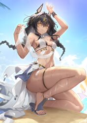 Rule 34 | 1girl, absurdres, animal ears, armband, bikini, black bikini, blue sky, braid, breasts, character request, fake animal ears, gold hairband, hair between eyes, hairband, high heels, highres, long hair, medium breasts, mole, mole under eye, navel, sand, sandals, see-through, shanyao jiang tororo, skindentation, sky, snowbreak: containment zone, solo, squatting, swimsuit, swimsuit cover-up, thigh strap, thighs, twin braids, wet