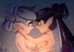 Rule 34 | + +, 2girls, black hair, blush, breasts, callie (splatoon), chichi band, closed mouth, convenient arm, from side, gradient background, grey background, grey hair, hands on another&#039;s cheeks, hands on another&#039;s face, hug, inkling, long hair, marie (splatoon), mask, medium breasts, mole, mole under eye, multiple girls, nintendo, nude, pointy ears, profile, sideboob, small breasts, smile, tentacle hair, thick eyebrows, twintails, upper body, yellow eyes, yuri