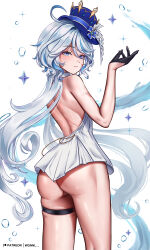 Rule 34 | 1girl, ahoge, ass, backless dress, backless outfit, bare back, black gloves, blue eyes, blue hair, blue hat, commentary request, cowboy shot, dress, furina (genshin impact), genshin impact, gloves, hand up, hat, highres, long hair, looking at viewer, microdress, solo, standing, thigh strap, thighs, top hat, very long hair, white background, white dress, wonnikon