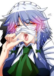 Rule 34 | 1girl, arm up, ascot, blouse, blue eyes, blue vest, blush, braid, collared shirt, commentary request, dated, earrings, eyelashes, fingernails, green ascot, green ribbon, hair ribbon, highres, index finger raised, izayoi sakuya, jewelry, looking at viewer, mask, mask pull, medium hair, open mouth, puffy short sleeves, puffy sleeves, ribbon, shirt, short sleeves, side braid, sidelocks, signature, silver hair, simple background, solo, standing, tatsuya (guild plus), teeth, tongue, tongue out, touhou, tress ribbon, twin braids, upper body, upper teeth only, uvula, vest, white background, white shirt, wing collar