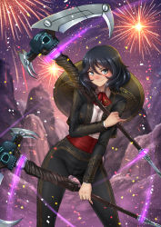 Rule 34 | 1girl, adsouto, aged down, ascot, black hair, black jacket, black pants, black vest, blush, breasts, closed mouth, dark-skinned female, dark skin, dual wielding, facing viewer, fireworks, glowing, grey eyes, hand up, happy, hat, hat on back, highres, holding, holding scythe, holding sickle, holding weapon, jacket, large breasts, looking at viewer, maria calavera, mountain, outdoors, pants, rock, rwby, scythe, short hair, sickle, skull, smile, smirk, solo, sombrero, standing, vest, weapon