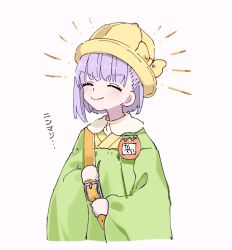 1girl breasts closed_eyes fate/grand_order fate_(series) green_shirt hat highres kazuradrop_(fate) kazuradrop_(first_ascension)_(fate) long_sleeves purple_hair shirt short_hair small_breasts smile translation_request wide_sleeves yamamon_0 yellow_hat