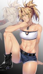 Rule 34 | 1girl, abs, arm support, bandeau, bare shoulders, belt, black belt, black footwear, braid, commission, cutoffs, deathalice, denim, denim shorts, fate/apocrypha, fate/grand order, fate (series), french braid, gradient background, green eyes, grey background, hair between eyes, hair ornament, hair scrunchie, highres, jewelry, looking at viewer, mordred (fate), mordred (fate/apocrypha), mordred (memories at trifas) (fate), muscular, muscular female, navel, necklace, parted lips, ponytail, scrunchie, short shorts, shorts, sidelocks, sitting, stomach, strapless, thighs, tube top