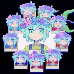 Rule 34 | 1boy, ^ ^, ahoge, angry, aqua eyes, aqua hair, basil (headspace) (omori), basil (omori), black background, blue flower, blue overalls, camera, closed eyes, closed mouth, crying, crying with eyes open, expressionless, expressions, flower, flower wreath, green shirt, happy, head wreath, highres, holding, holding camera, leaf, light blush, looking at viewer, looking to the side, male focus, omori, open mouth, overalls, pale skin, photo (object), pink flower, pout, purple flower, sad, shirt, short hair, smile, solo, sr ld fr, tears, teeth, white background