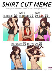 Rule 34 | 1girl, artist name, breasts, brown hair, cleavage, cleavage cutout, clothes in mouth, clothing cutout, collarbone, crop top, d-rex, dress, english text, female focus, groin, hair bun, hair ornament, hands up, highres, long hair, looking at viewer, meme, mouth hold, multiple drawing challenge, navel, open mouth, original, pasties, shirt, shirt cut meme, shirt in mouth, sideboob, single hair bun, small breasts, underboob