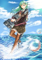 Rule 34 | 10s, 1girl, absurdres, aqua eyes, aqua hair, ascot, blazer, breasts, cannon, cloud, day, full body, hair ornament, hairclip, highres, jacket, kantai collection, kuromu, loafers, long hair, machinery, pleated skirt, school uniform, shoes, skirt, sky, smile, solo, sunlight, suzuya (kancolle), thighhighs, turret, walking, walking on liquid, water
