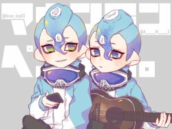 Rule 34 | 2boys, acoustic guitar, blue eyes, blue hair, commentary, goggles, goggles around neck, green eyes, grey background, guitar, holding, holding guitar, holding instrument, instrument, inuowour, male focus, mohawk, multiple boys, nintendo, octoling, octoling boy, octoling player character, open mouth, parted lips, short hair, ski goggles, smile, splatoon (series), symbol-only commentary, tentacle hair, upper body