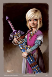 Rule 34 | 1girl, belt buckle, blonde hair, blue eyes, hair ornament, hair tubes, jewelry, nintendo, pendant, pointy ears, princess zelda, reevolver, sheath, smile, sword, the legend of zelda, the legend of zelda: ocarina of time, triforce, weapon, young zelda, aged down