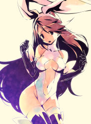 Rule 34 | 1girl, agnes oblige, animal ears, bare shoulders, black gloves, bravely default: flying fairy, bravely default (series), breasts, brown hair, rabbit ears, center opening, cleavage cutout, clothing cutout, elbow gloves, fake animal ears, gloves, hirano katsuyuki, large breasts, long hair, navel, navel cutout, open mouth, solo, thighhighs, very long hair